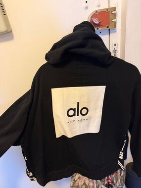 ALO Yoga Black Hoodie with White Logo Square